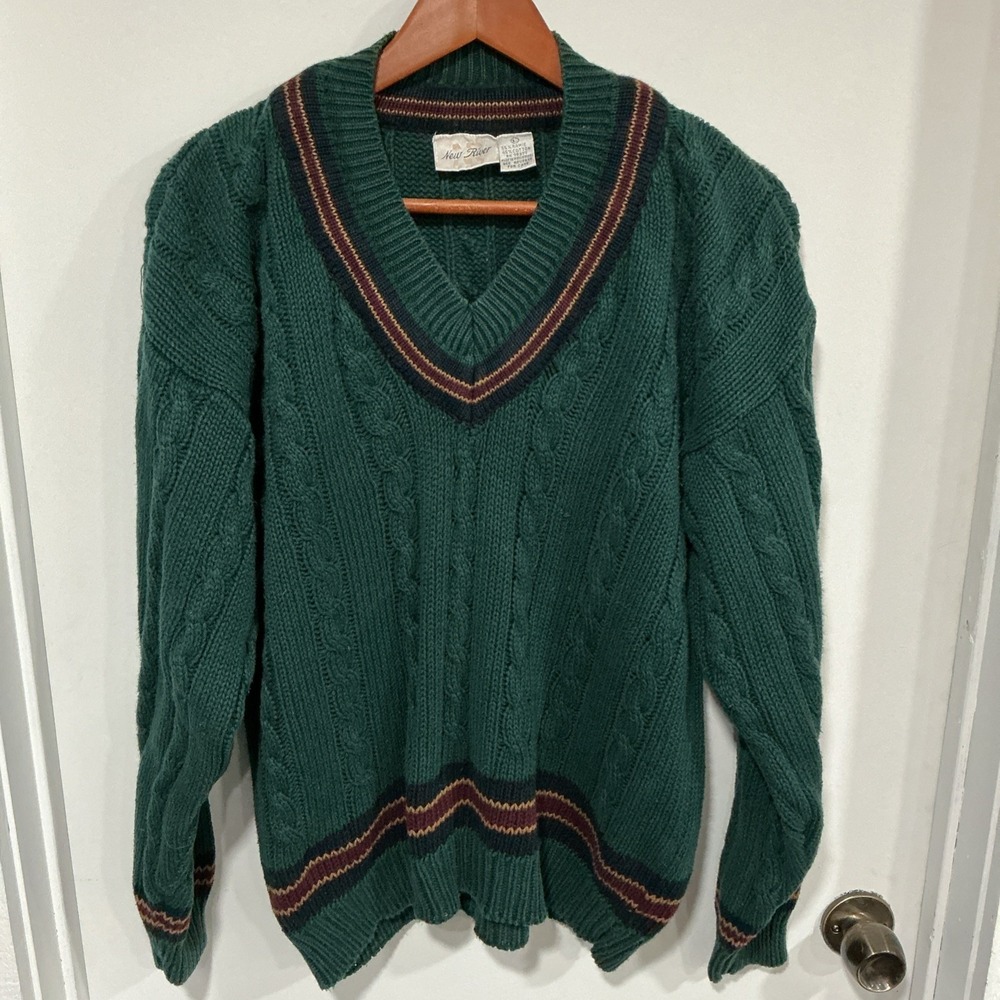Vintage 90's Cable Knit Tennis Sweater Mens Large Preppy Ivy League Green V-Neck
